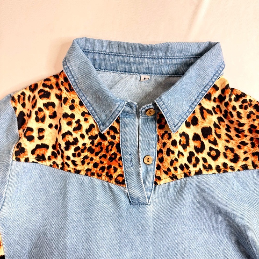 Womens Light Wash Denim Leopard Print Accent Long Sleeve Mini Dress Small - Picture 3 of 7